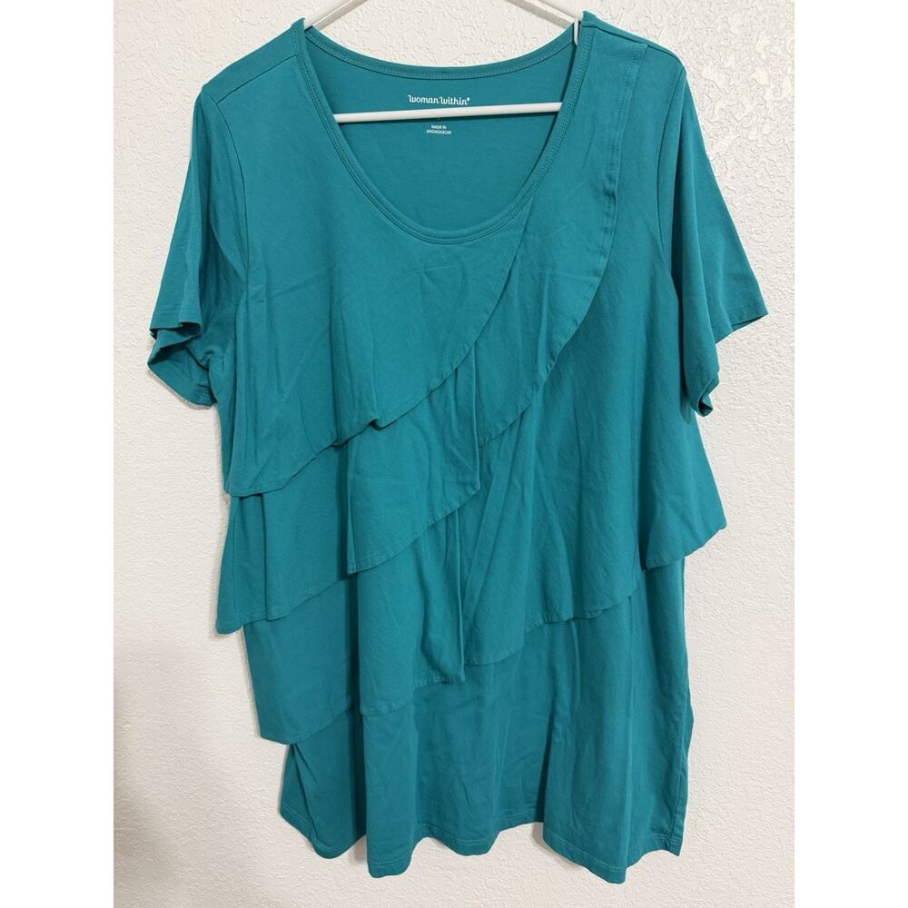 Woman Within Size L(18/20) Turquoise Shirt Sleeve Ruffles Top Blouse
